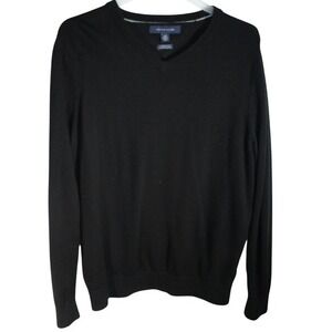Tommy Hilfiger Mens Black 100% Premium Wool V-Neck Knit Sweater Large L
